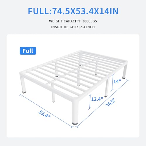 MAF 14 Inch Full Size Metal Platform Bed Frame White with Round Corner Legs, 3000 LBS Heavy Duty Steel Slats Support, Noise Free, No Box Spring Needed, Easy Assembly