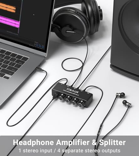 Cubilux 3.5mm イヤホン アンプ、4ウェイ ステレオ ヘッドホン アンプ、ミニ オーディオ アンプ、独立音量調整