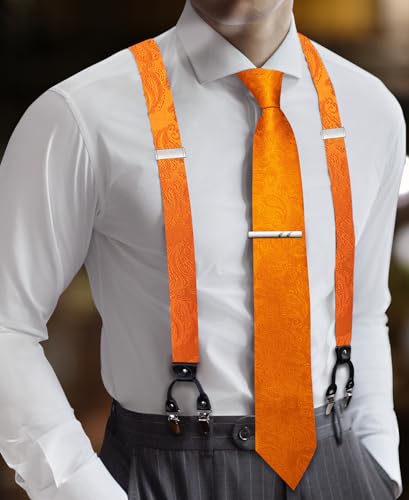 Image of Barry.Wang Men Suspender Set with Necktie Elastic Y Type Heavy Duty 6 Clips Braces Tie Handkerchief Cufflink Pin 6PCS