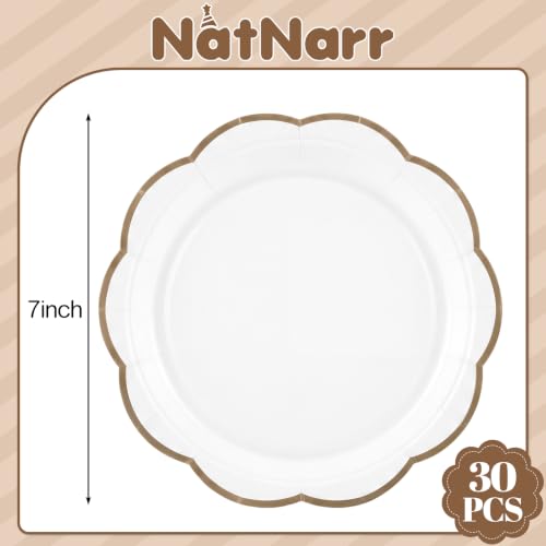 Image of 30 Pcs Brown and White Paper Plates 7 In Scalloped Fall Plates Disposable