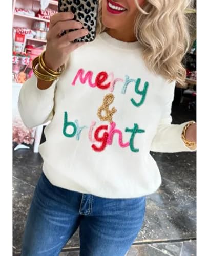 Image of SELINK Women's Holiday Sweater Crew Neck Print Casual Long Sleeve Pullover | cute tops, knit graphic sweaters, sequin letters, festive outfits, comfort fit for party daily wear