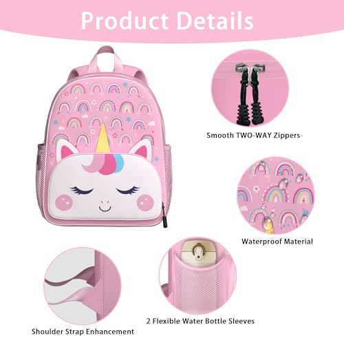 Image of Unicorn Toddler Backpack for Little Kids Water Resistance Kindergarten Preschool Bags Children Schoolbag Cute 3D Animal Cartoon Backpacks Gifts for Baby Boys Girls