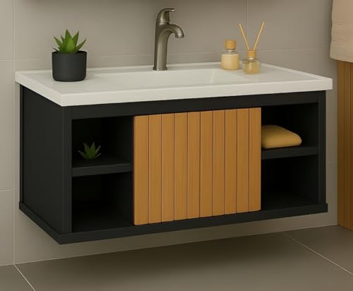 Gabinete Com Cuba Suspenso para Banheiro Nichos Com Porta Completo (Preto Ripado)