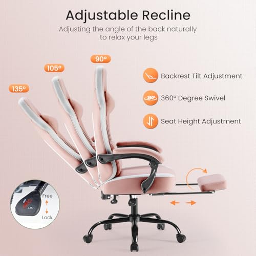 Image of DUMOS Gaming Chair with Linkage Armrests, Video Game Chairs with Pocket Spring Cushion, Ergonomic Computer Silla Gamer Office Desk Chair with Footrest for Adults & Students, Pink
