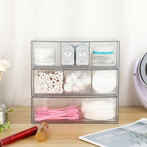 Image of Hipiwe Acrylic Storage Drawers 3-Tier Stackable Bathroom Makeup Organizer Cotton Swabs Qtip Holder for Vanity Cosmetics Clear Desktop Organizer with Removable Dividers, 8.1 inchLx 3.9 inchWx7.8 inchH