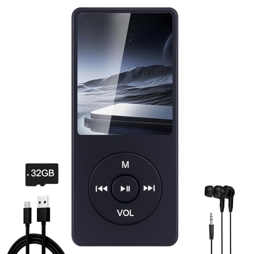 32Go Lecteur MP3 Bluetooth,Baladeur mp3 Musique sans Perte Hi-FI Petit,Bluetooth 5.3 Lecture,Haut-Parleur HD Intégré,Adulte Super écran Couleur Léger de 1,8,Noir，avec Casque, e-Book, Enregistrement
