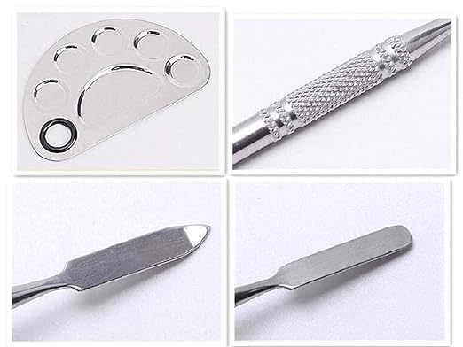 Image of Stainless Steel Cosmetic 5 Dip Makeup Mixing Plate with Spatula Tool for Women | Beauty Tool | (Silver)