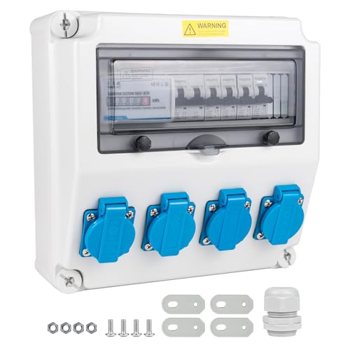 WSPIHO Baustromverteiler mit Zähler 40A 230V Baustromverteiler 16A mit Leitungsschutzschalter Wandverteiler mit CEE Steckdose 16A für Außenbereich Baustrom(1x32A 2P LS+4x16A 1P LS+1P-Zähler)