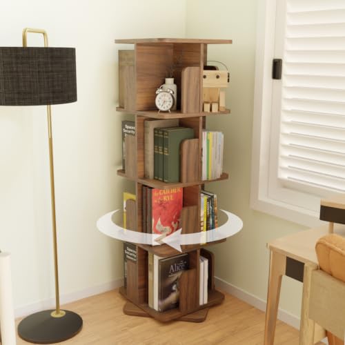Image of COGO 4 Tier Revolving Bookshelf | 360 Smooth Revolve Mechanism | 52 x 15 x 15 inch | 100 Books Capacity | 17 mm Engineered Wood | Bookcase | Showcase | Do-It-Yourself | Colour: Walnut