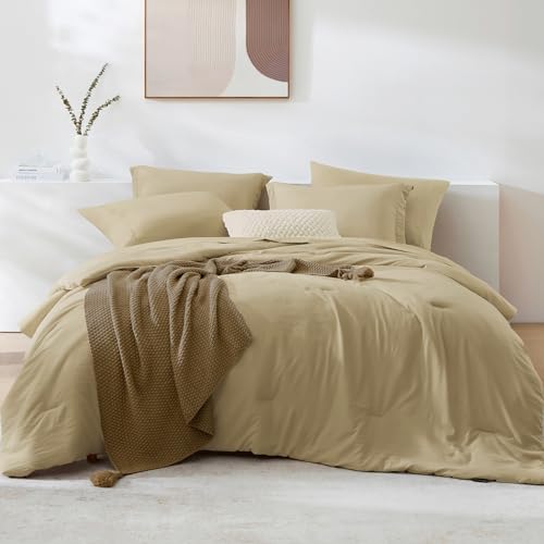 WRENSONGE Taupe Twin XL Comforter Set, 5 Pcs Soft Twin Size Comforter Sets- Twin Comforter, Fitted Sheet, Flat Sheet, 2 Pillow Shams, 2 Pillowcases, Khaki Warm Twin Bedding Sets All Season T