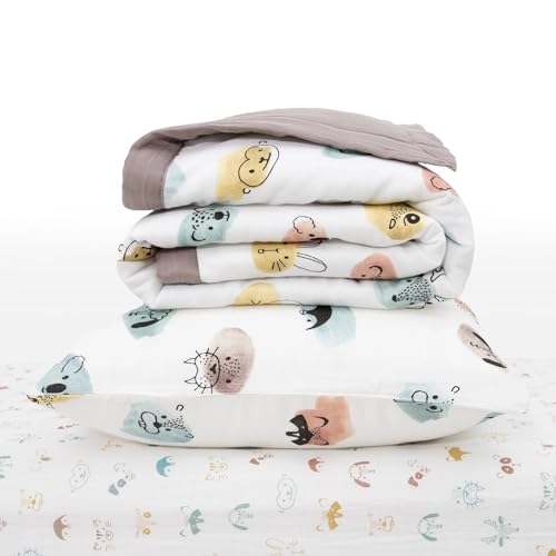 Image of Little Unicorn Toddler Bedding 3-Piece Set | Includes Comforter, Crib Sheet & Pillowcase | Soft & Breathable Muslin Fabric | for Convertible Cribs & Toddler Beds (Watercolor Critters)