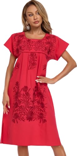 Image of YZXDORWJ Women Mexican Embroidered Long Dress Ruffle Collar Maxi Boho Floral Summer Short Sleeve