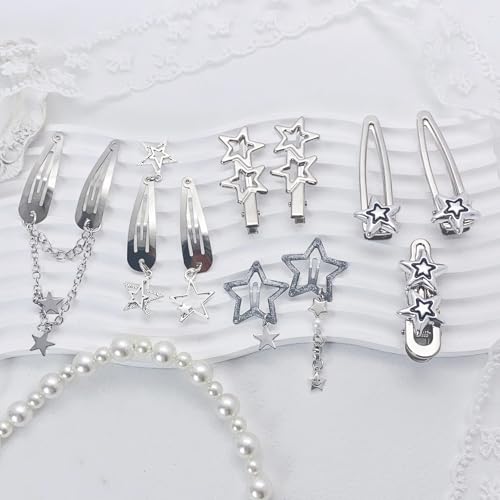 10 pinzas de cabello en plata con estrellas y pentagramas estilo Y2K, 8 diseños únicos miniatura 4