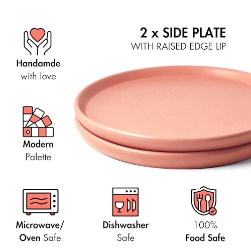 Image of Ceramic Qaurter Plates, 2 Pcs | Dessert Plate | Side Plate with Rim | Microwave, Oven Dishwasher Safe | Stoneware Set of 2 Quarter Plates | (Flamingo Pink, Side Plate)