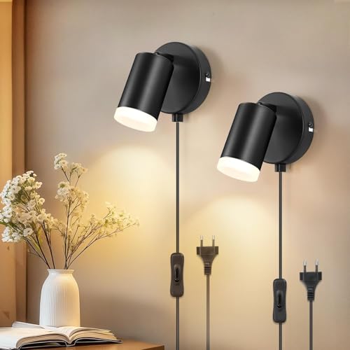 Dehobo Aplique de Pared con Enchufe e Interruptor - Lámpara de Muro Moderna - Negro Mate Lámpara Enchufable Aluminio MAX 7W para Dormitorio Armario Escritorio Imagen - Sin Bombilla - Paquete de 2