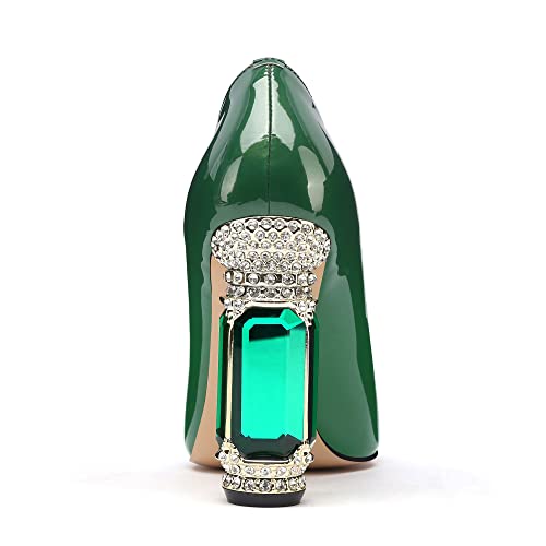 Image of JANSEVEN Women Chunky Heels Pumps Crystal Block Heels with Rhinestones Pointed Toe Sexy Gradient Patent Leather Slip on Bridal Party Wedding Dress Shoes 5-13 M US