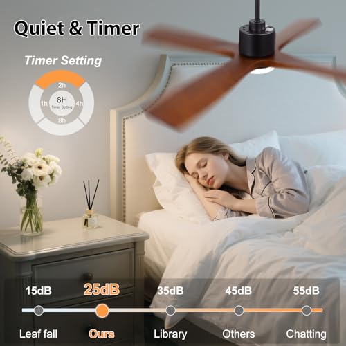 Image of LEDLUX 54 inch Ceiling Fans with Lights -Modern Ceiling Fan with Light, 6-Speed Remote, 4 Solid Wood Blades, Quiet DC Motor, for Bedroom, Living Room, Outdoor, Black with Walnut