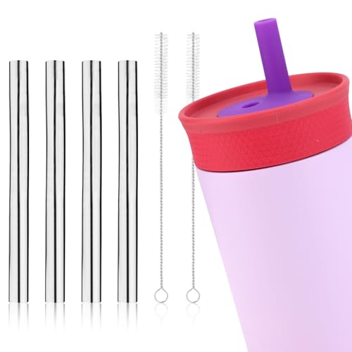 Gosknor 4pcs Metal Straw for Owala Kids 12 OZ Stainless Steel Tumbler, Reusable Stainless Steel Replacement Straws with 2pcs Cleaning Brushes Compatible with Owala 15 OZ Plastic Tumbler Water Bottle