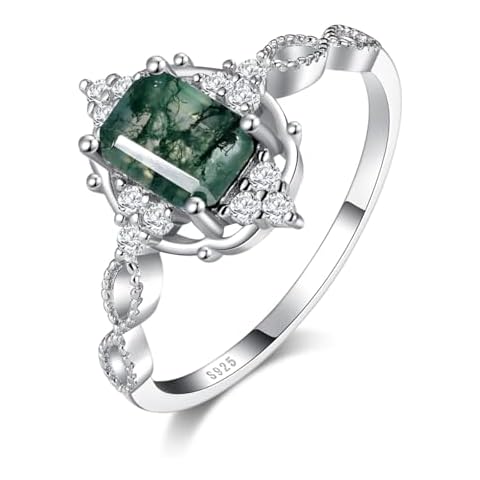 Angol Natural Moss Agate Ring 925 Sterling Silver Engagement Promise Ring for Women Mother's Day Jewelry Gifts (9, Silver) Cover