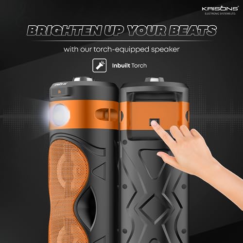 Image of Krisons Cylender 111 50W Portable Speaker with 4 inch Double Woofers,Free Wired Mic for Karaoke, in Built Torch, Remote Control with Bluetooth, FM, USB, Micro SD Card Connectivity (Orange)