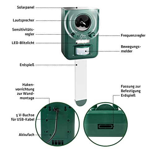 Gardigo Tiervertreiber Ultraschall Solar - 2er Set | Marderabwehr, Katzenschreck mit Blitzlicht | Multifrequenz Gerät, 5 Modi, Gesamtfläche ca. 75m² (ca. 9 m, 110°) | Batterien & USB-Ladekabel