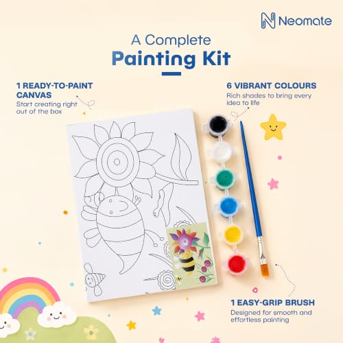 Image of Neomate Canvas Painting Kit for Kids | DIY Painting Set with 1 Printed Canvas, 6 Acrylic Paint Pots & Brush | Art and Craft Kit, Paint Kit for Kids, Birthday Gift, Return Gift, Creative Activity Set