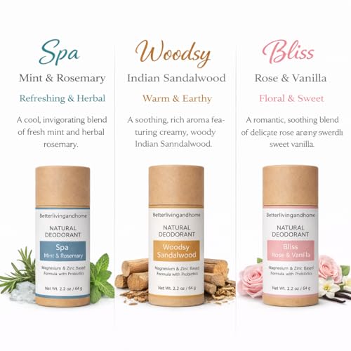 Image of Natural Deodorant Stick | Pack of 3| Woodsy Sandalwood, Bliss Rose Vanilla & Spa Mint Rosemary | Aluminium-Free | Magnesium Deodorant With Probiotics, Unisex
