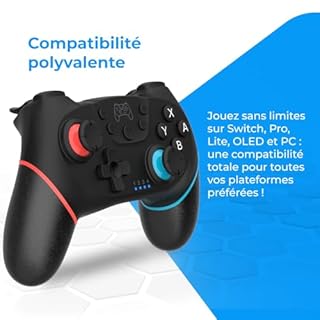 NK Manette Sans fil – Compatible avec Switch/Switch 2/OLED/Lite/Pro avec fonction Wake, réglages macro, Bluetooth, 6 axes, fonction turbo, double choc, double vibration - Couleur noire (rouge et bleu)