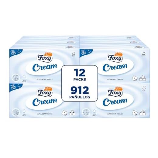 Foxy Cream | Pañuelos faciales en caja | 12 cajas de 76 pañuelos 4 capas | Con crema hidratante | Certificación FSC | 100% energía eléctrica renovable | Paquete 100% reciclable