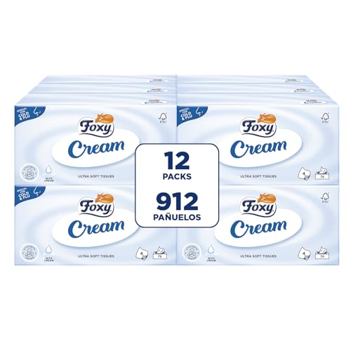 Foxy Cream | Pañuelos faciales en caja | 12 cajas de 76 pañuelos 4 capas | Con crema hidratante | Certificación FSC | 100% energía eléctrica renovable | Paquete 100% reciclable
