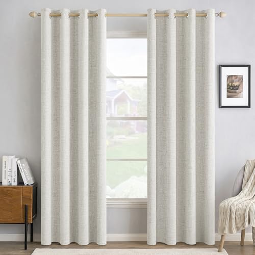 Image of MIULEE 100% Blackout Linen Textured Curtains for Bedroom Solid Thermal Insulated Light Beige Grommet Room Darkening Curtains & Drapes Luxury Decor for Living Room 52 x 84 Inch (2 Panels)
