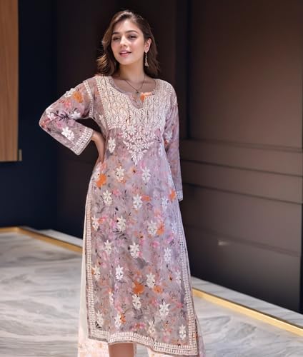 Image of GoSriKi Women's Rayon Viscose Printed & Chikankari Embroidered Straight Kurta