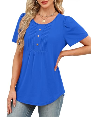 Image of Womens Tops Dressy Casual Blouses Short Sleeve Shirts Plus Size Fashion Clothing Spring Summer Outfits Button Pleated Front