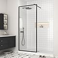 KPUY Shower Glass Panel, 34'' x 74'' H Shower Screen, 1/4" (6mm) Thick Tempered Clear Glass, Fixed Shower Door with Explosion-Proof Film in Matte Black
