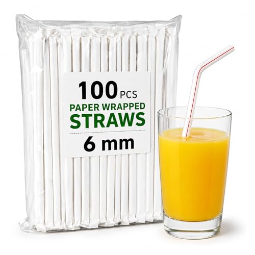 100 Pcs 6 mm White Striped Flexible Plastic Drinking Straws (6 mm 20 cm (0.24 7.8 Inch) Individually Paper Wrapped Reusable Bendable Drinking Straws for Juice Soft Drinks Cafes Crafts & DIY