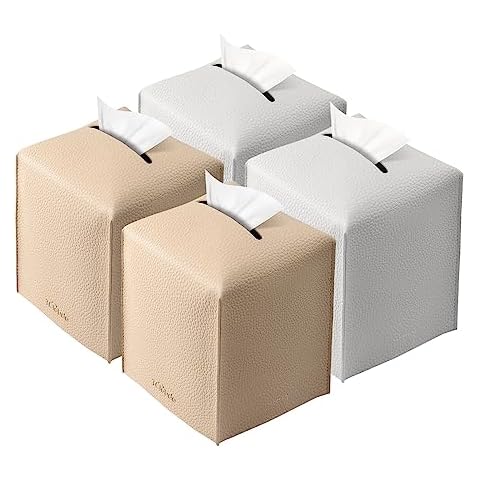 Tissue Box Cover, Tclouda, Modern PU Leather Square Tissue Box Holder for Creative Decorative, 4 Pack, Ideal for Bathrooms/Office/Nightstand Tent/Dining Table, 5"X5"X5", White&Beige Cover