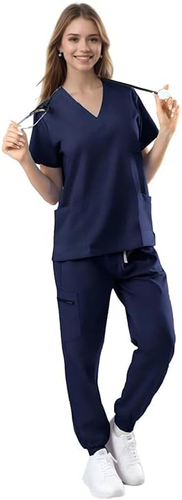 Scrubs for Women Set - 9 Pockets V-Neck Nursing Top & Drawstring Jogger Pants, Stretch Comfortable Medical Uniform - Image 2