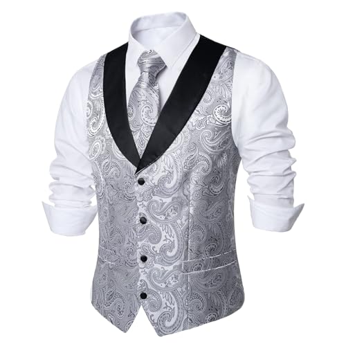 Image of DiBanGu Mens Paisley Suit Vest Silk Jacquard Waistcoat and Necktie Set Formal Shawl Collar Dress Vest 7PCS for Wedding Party
