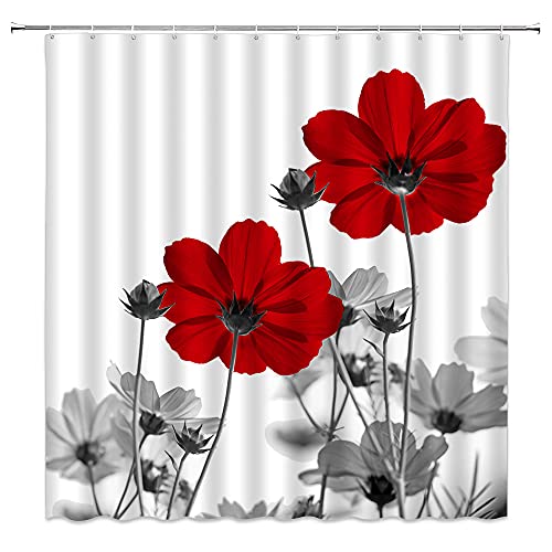 Feierman Cortina de ducha con diseño floral de color rojo y gris simple elegancia en blanco y negro retro margarita abstracta tela de flores cortinas de baño de poliéster con ganchos Cover