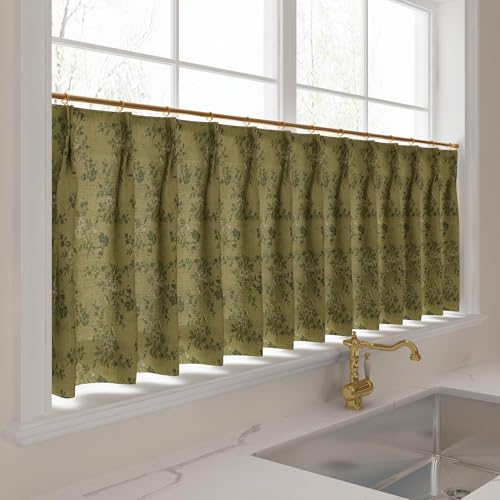 Image of TWOPAGES Pinch Pleat Floral Print Cafe Curtains, Ivy Brown, 52W x 45L