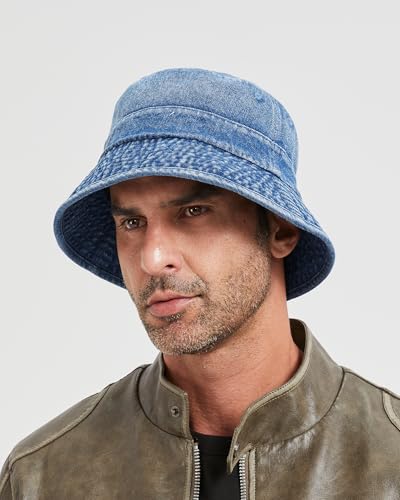 Image of Zylioo Oversized Denim Bucket Hat, XXL XL L M Fisherman Sun Hat with Chin Cord, Washed Jean Packable Summer Travel Hat