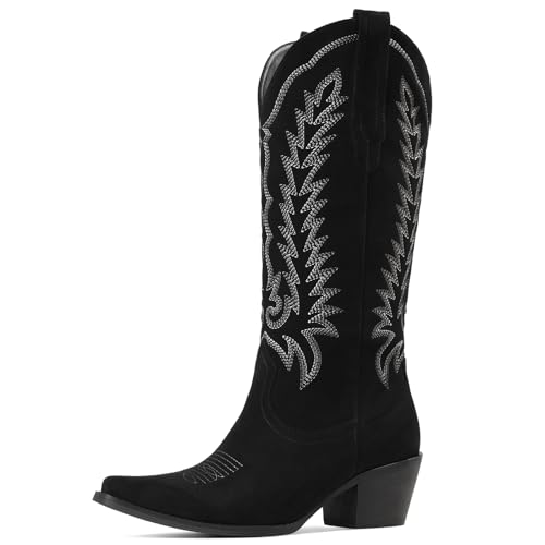 Image of Tscoyuki Cowboy Boots for Women: Embroidered Western Knee High Boots Women - Pointed Toe Chunky Heel Cowgirl Tall Boots
