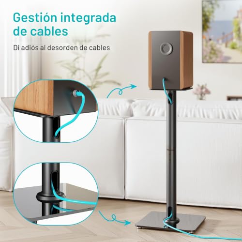 Soporte altavoces de suelo de acero resistente PEGZONE con base de cristal negro 5