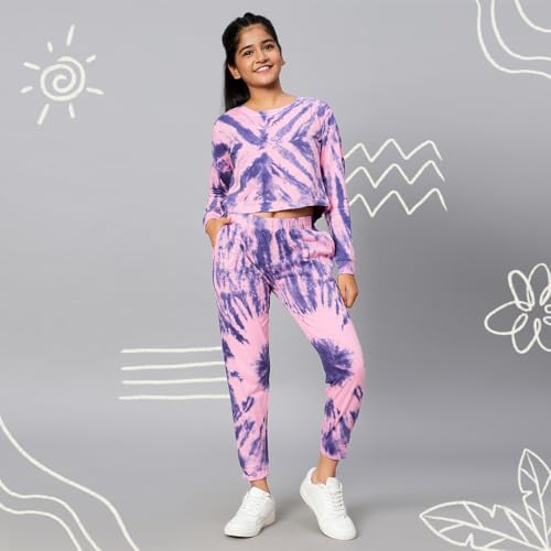 Image of TeenTrums Tie Dye Black Co-ord Set with Boat Neck Tshirt & Joggers, 100% Cotton, Fashion for Youth, Stylish Teen Fashion Collection, Tie Dye Set of Top & Bottom for Girls, Age 05 to 16 Years