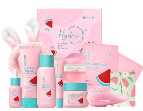 QUIYUM Watermelon Skin Care Kit for Teens Girl, 7 Daily Routine Beauty Skincare- Gift Set with Cleanser, Toner, Eye Cream, Moisturizer, Serum, Facial Mask, Soap, Hydrate, Oil control, Glow, Smooth