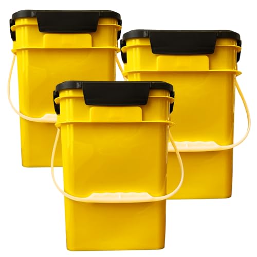 Image of House Naturals 4 Gallon Square Food Grade Bucket Pail with Plastic Handles and Lid (Pack of 3) Made in USA containers (Yellow)