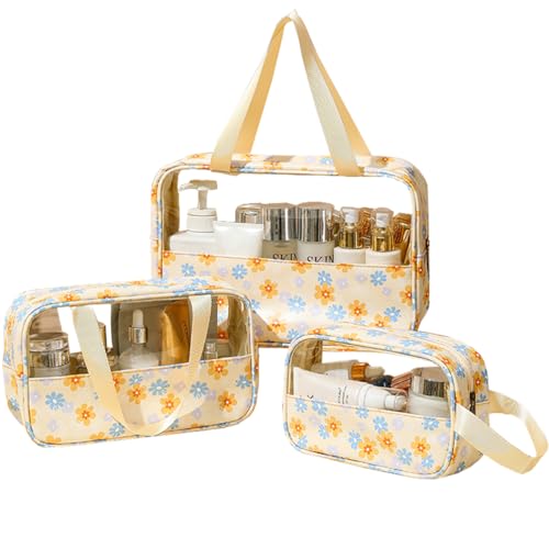 Travel Toiletry Bag, Clear Makeup Bags with Handles, Floral Pattern Shower Bag, 3 Pcs Waterproof Toiletry Bag Set for Camp, Travel, Gym (Yellow, Floral)