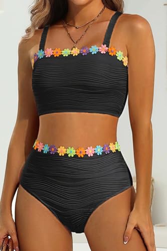 Image of High Waisted Bandeau Bikini Set - Women Strapless Two Piece Swimsuits Ribbed Longline Full Coverage Bathing Suits Swimwear