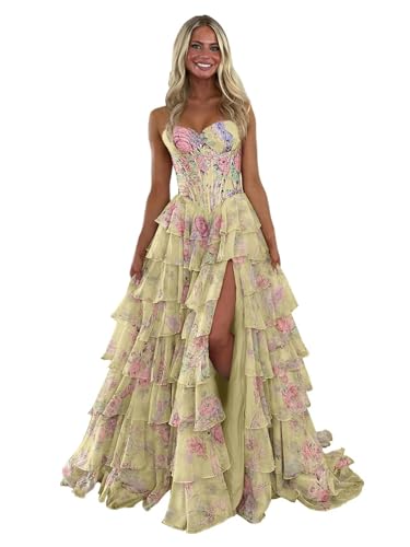 UZN Yellow Prom Dresses for Women Floral Tiered Strapless Long Ball Gown 2026 A Line Corset Ruffle...