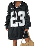 MakeMeChic Women's Oversized Jersey Dress Y2K Number Print V Neck Long Sleeve Pullover Sweatshirt Black X-Large